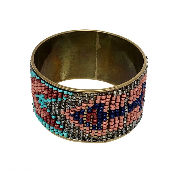 Brass Beaded Southwest Cuff Bracelet Boho - Picture 1 of 5